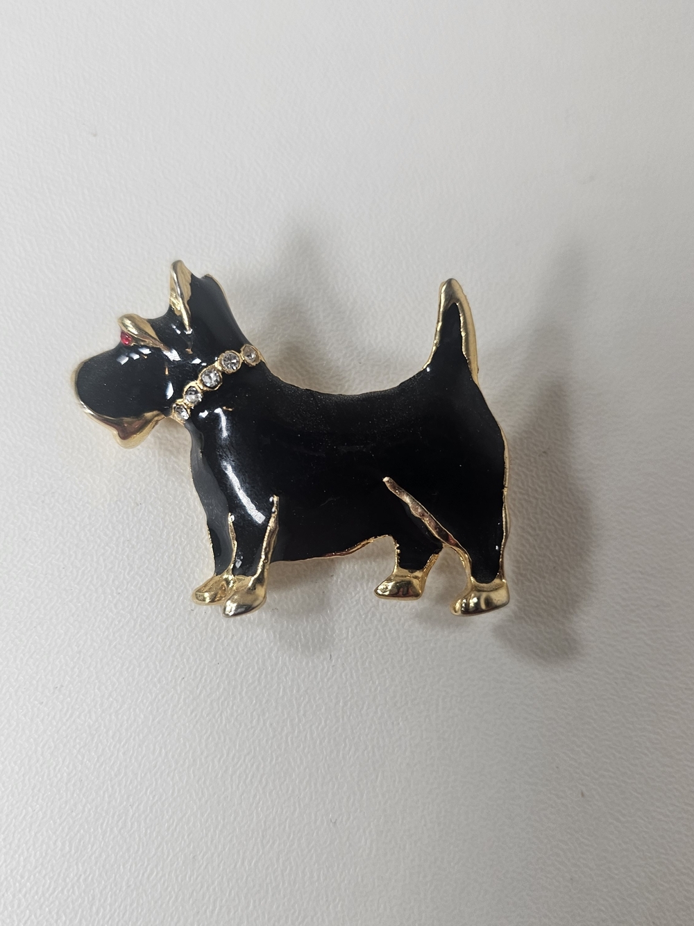 Black Dog Enamel Brooch with Gold Trim and Rhinestone Collar